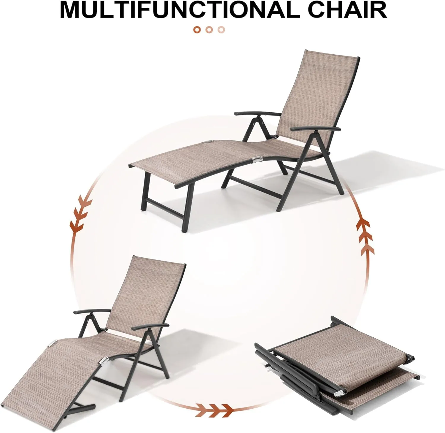 Crestlive Products Folding Patio Chaise Lounge Chair Outdoor, Aluminum Adjustable Outdoor Pool Recliner Chair, Assemble-Free, 8 Positions