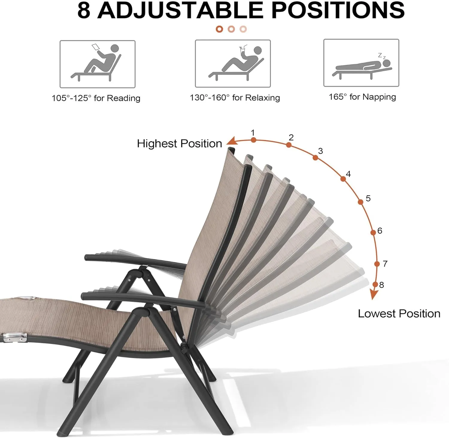 Crestlive Products Folding Patio Chaise Lounge Chair Outdoor, Aluminum Adjustable Outdoor Pool Recliner Chair, Assemble-Free, 8 Positions