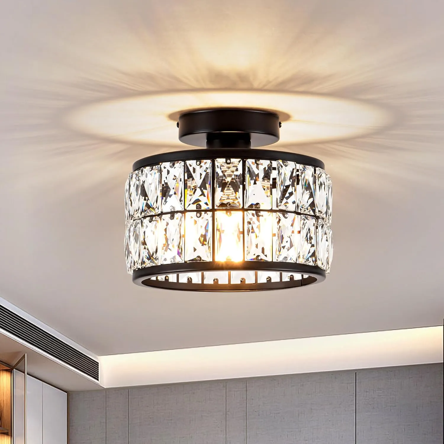 Crystal Ceiling Light Fixture, Modern Semi Flush Mount Ceiling Light,Crystal Chandelier for Kitchen Bedroom Bathroom Entryway, Black Finish
