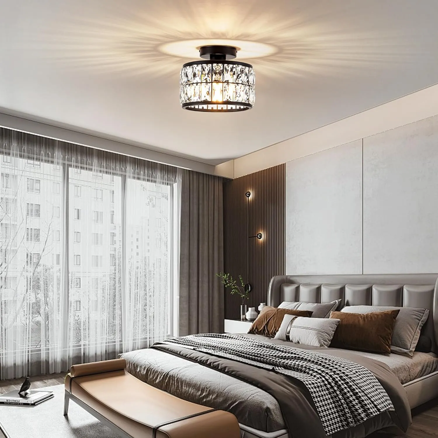 Crystal Ceiling Light Fixture, Modern Semi Flush Mount Ceiling Light,Crystal Chandelier for Kitchen Bedroom Bathroom Entryway, Black Finish
