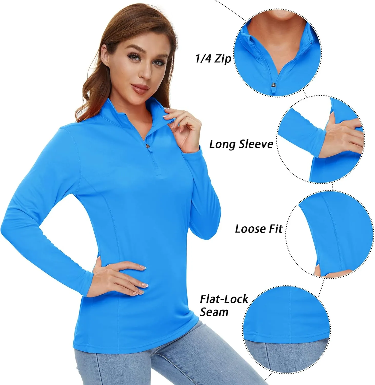 CRYSULLY Women's Long Sleeve Shirts Sun Protection 1/4 Zip Summer Quick Dry Hiking Shirts