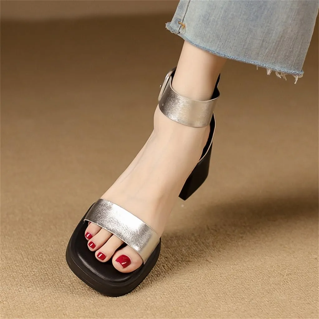 CSCDD Thick Soled Silver Peep Toe Sandals For Women With Thick Heels, Thick Soled Bag Heels, Line Buckle Roman Sandals