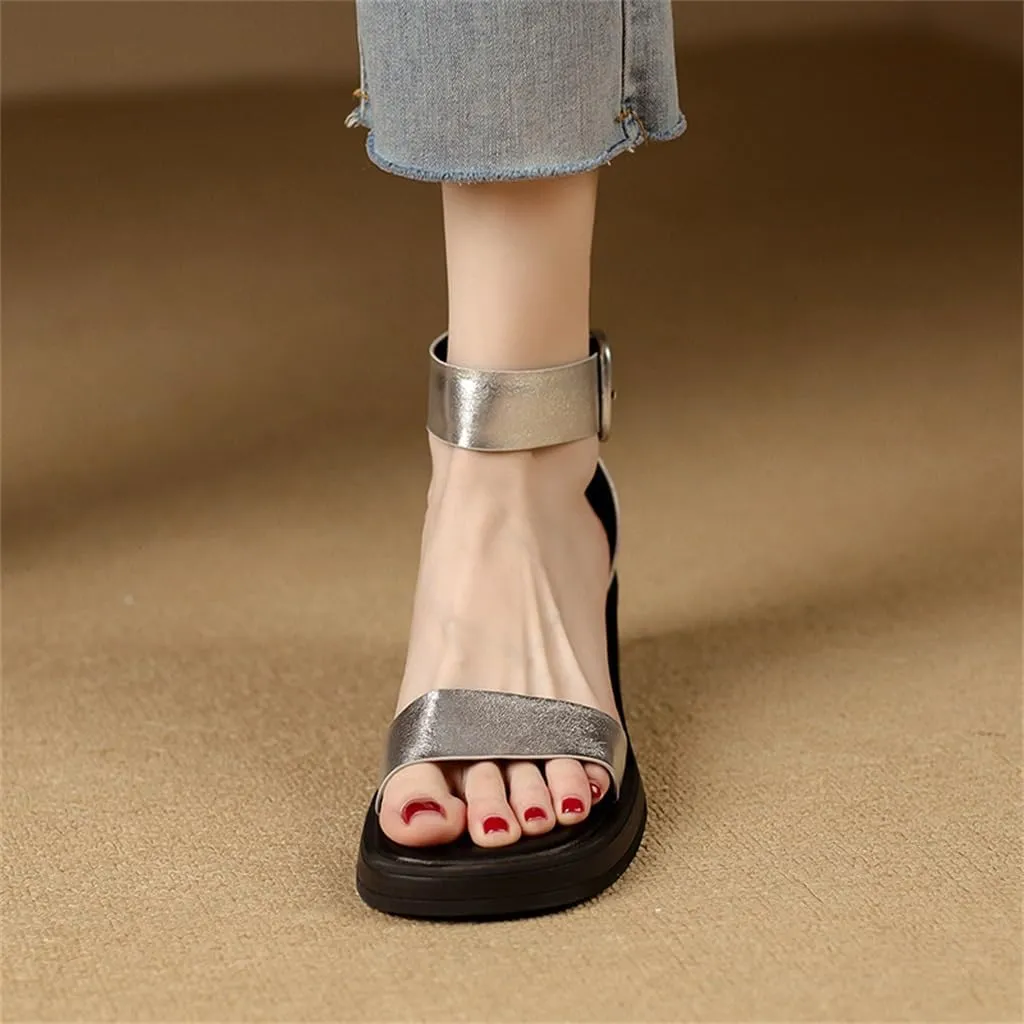 CSCDD Thick Soled Silver Peep Toe Sandals For Women With Thick Heels, Thick Soled Bag Heels, Line Buckle Roman Sandals