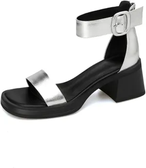 CSCDD Thick Soled Silver Peep Toe Sandals For Women With Thick Heels, Thick Soled Bag Heels, Line Buckle Roman Sandals