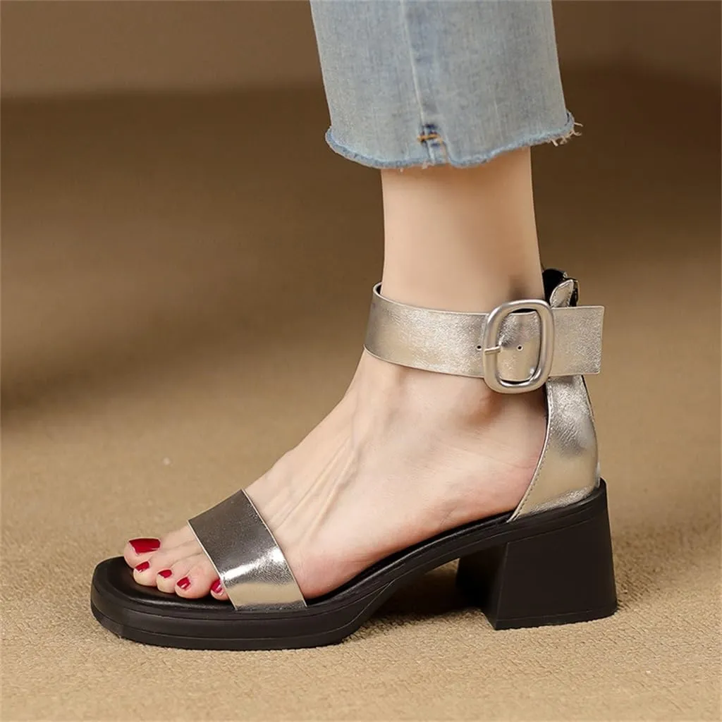 CSCDD Thick Soled Silver Peep Toe Sandals For Women With Thick Heels, Thick Soled Bag Heels, Line Buckle Roman Sandals