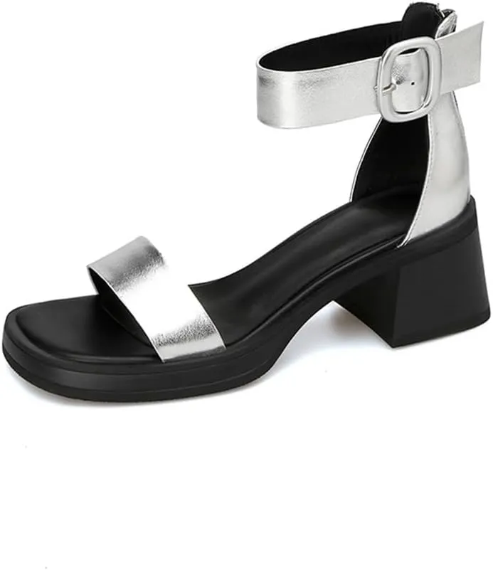 CSCDD Thick Soled Silver Peep Toe Sandals For Women With Thick Heels, Thick Soled Bag Heels, Line Buckle Roman Sandals
