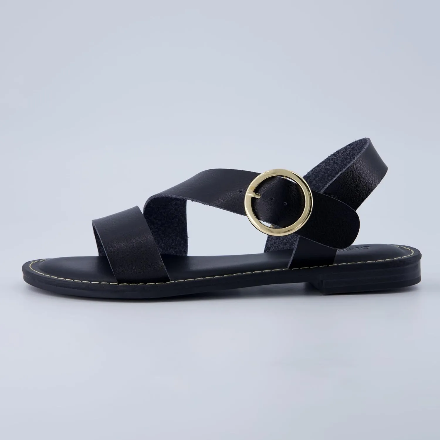CUSHIONAIRE Lisbon Women’s Strappy Sandal – Faux Leather Flat with Bold Buckle Accent, Adjustable Strap & Cushioned Footbed