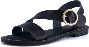 CUSHIONAIRE Lisbon Women’s Strappy Sandal – Faux Leather Flat with Bold Buckle Accent, Adjustable Strap & Cushioned Footbed
