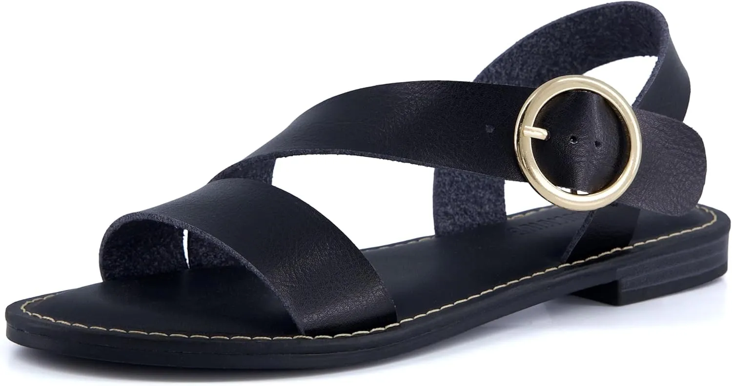 CUSHIONAIRE Lisbon Women’s Strappy Sandal – Faux Leather Flat with Bold Buckle Accent, Adjustable Strap & Cushioned Footbed