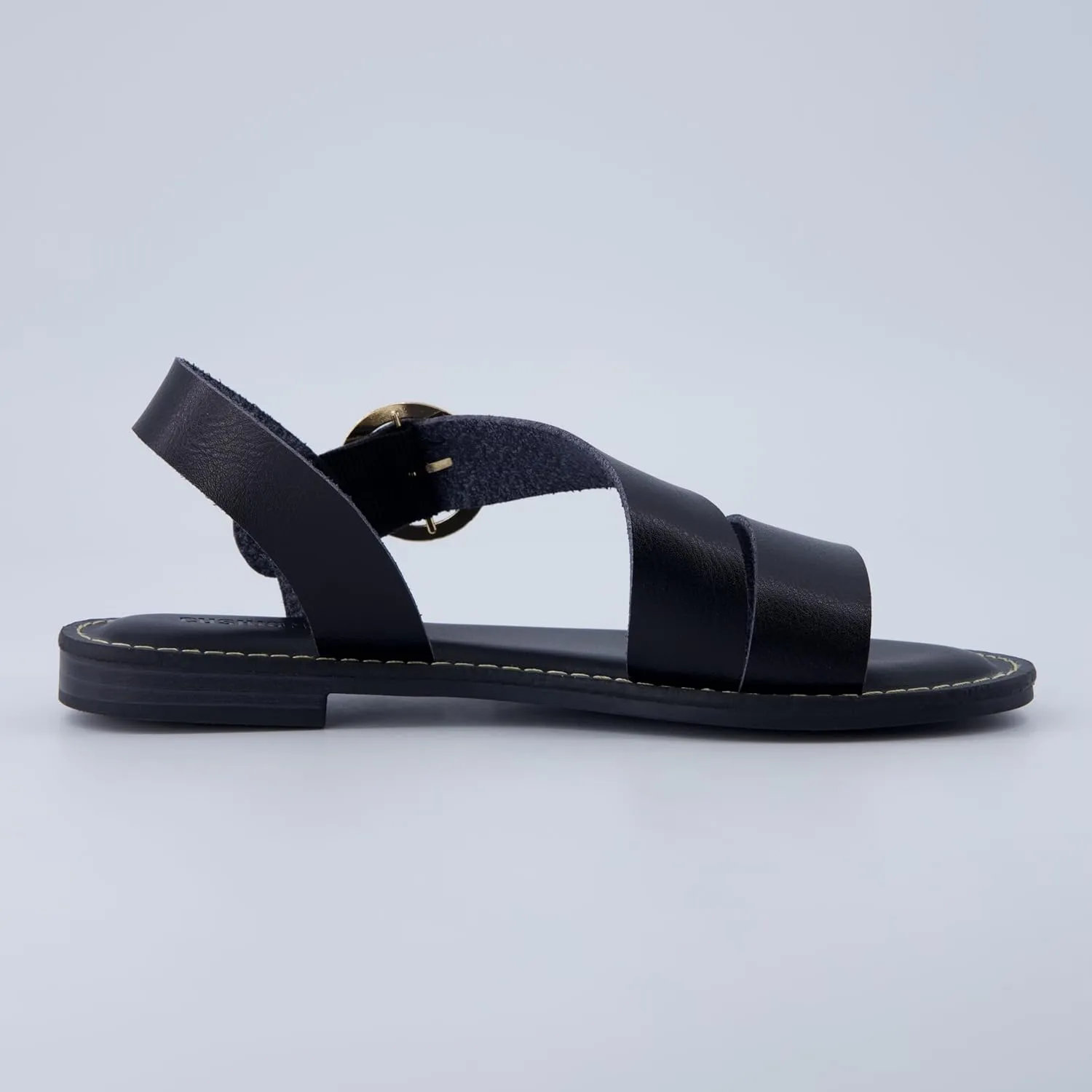 CUSHIONAIRE Lisbon Women’s Strappy Sandal – Faux Leather Flat with Bold Buckle Accent, Adjustable Strap & Cushioned Footbed