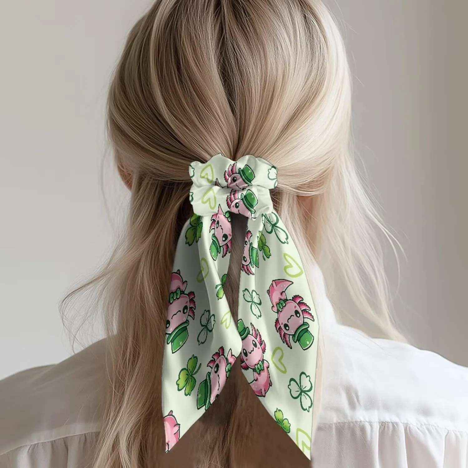 Cute Axolotl Satin Scrunchies Silk Hair Ties with Long Tails Fashion St. Patrick‘s Day Bow Hair Ties for Women Set of 2 Girls Hair Scarf Elastic Hair Ribbon for Braided Pigtail Curly Hair