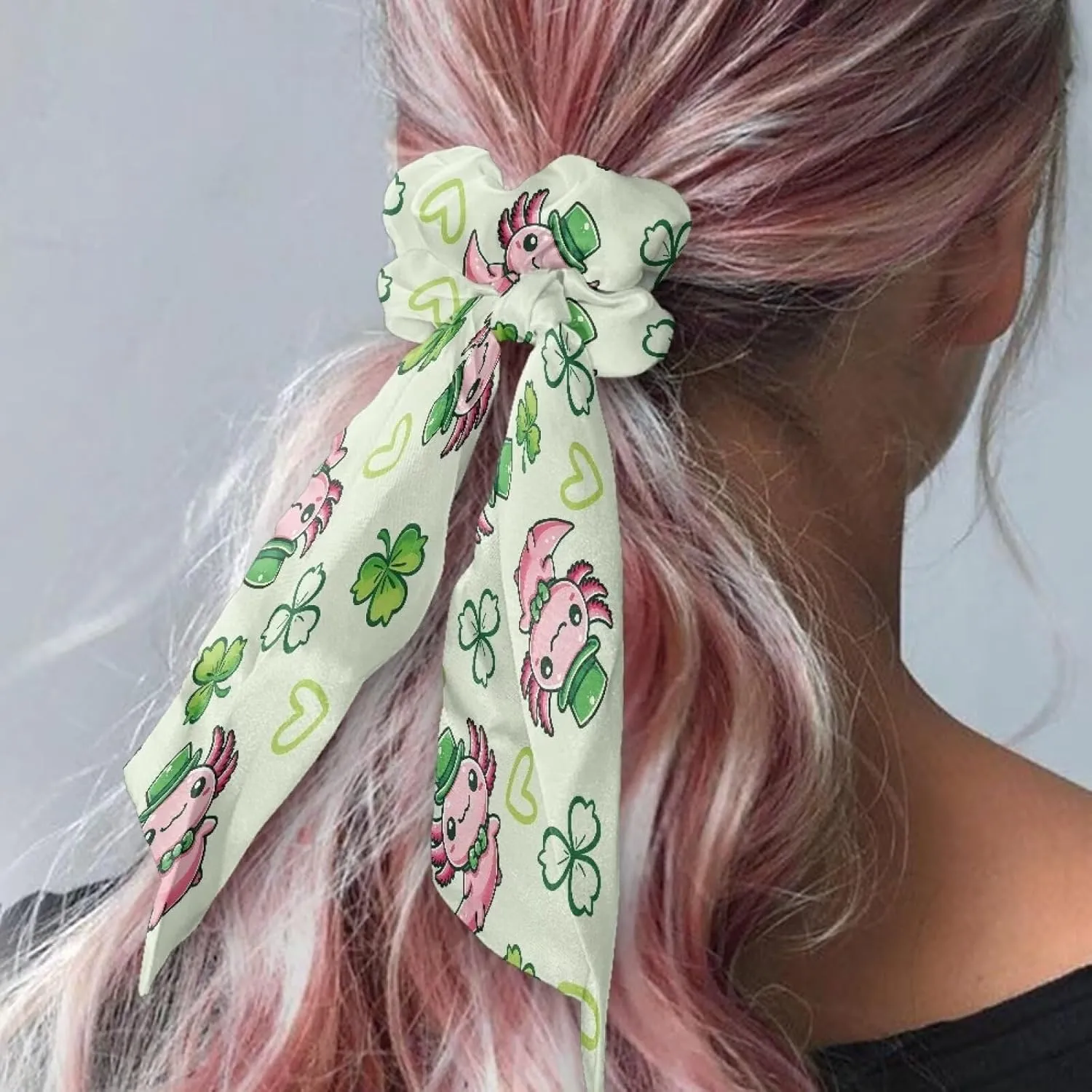 Cute Axolotl Satin Scrunchies Silk Hair Ties with Long Tails Fashion St. Patrick‘s Day Bow Hair Ties for Women Set of 2 Girls Hair Scarf Elastic Hair Ribbon for Braided Pigtail Curly Hair