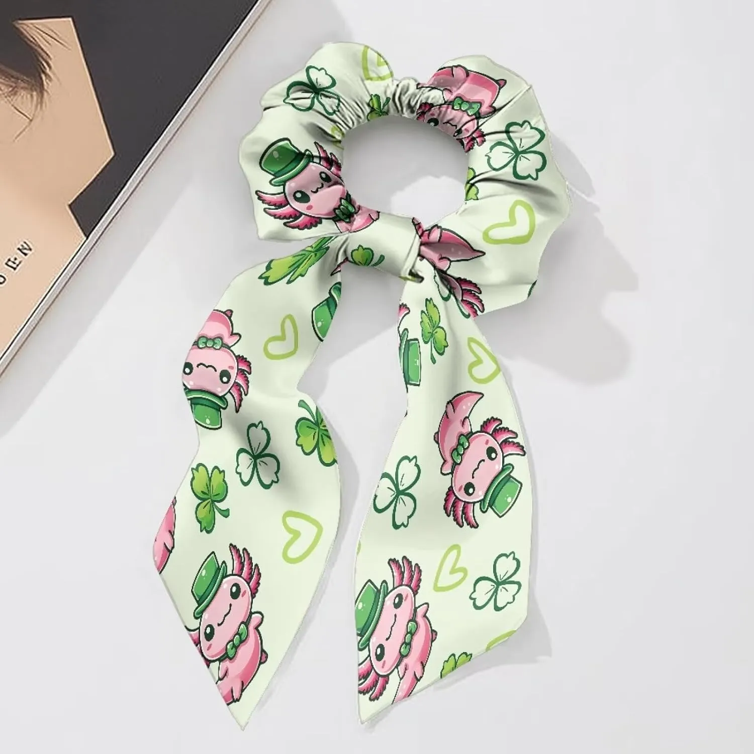 Cute Axolotl Satin Scrunchies Silk Hair Ties with Long Tails Fashion St. Patrick‘s Day Bow Hair Ties for Women Set of 2 Girls Hair Scarf Elastic Hair Ribbon for Braided Pigtail Curly Hair