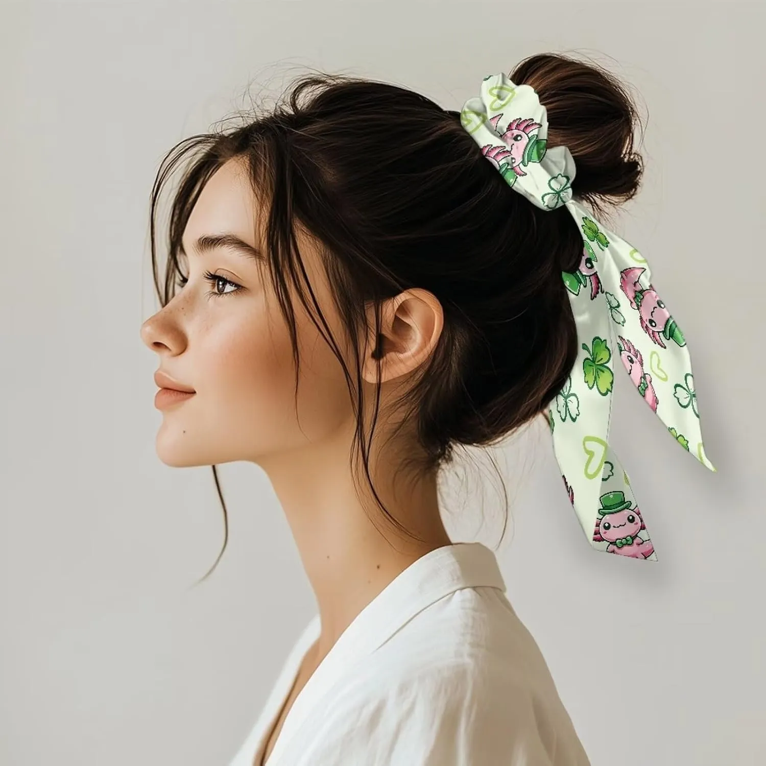 Cute Axolotl Satin Scrunchies Silk Hair Ties with Long Tails Fashion St. Patrick‘s Day Bow Hair Ties for Women Set of 2 Girls Hair Scarf Elastic Hair Ribbon for Braided Pigtail Curly Hair