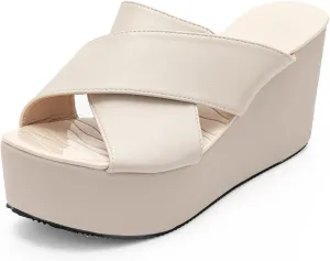 CYBLING Leisure Platform Slides for Woman Peep Toe Wedge Mules Elegant Party Criss Cross Slip on High Heel Slide Sandals (10, Beige, numeric_10)