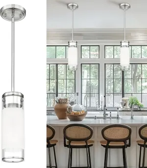 Cylindrical Glass Pendant Light Fixture, Modern Hanging Light with Brushed Nickel Finish for Kitchen Island Dining Room Bedroom Hallway Foyer (1 Pack), PL107BN