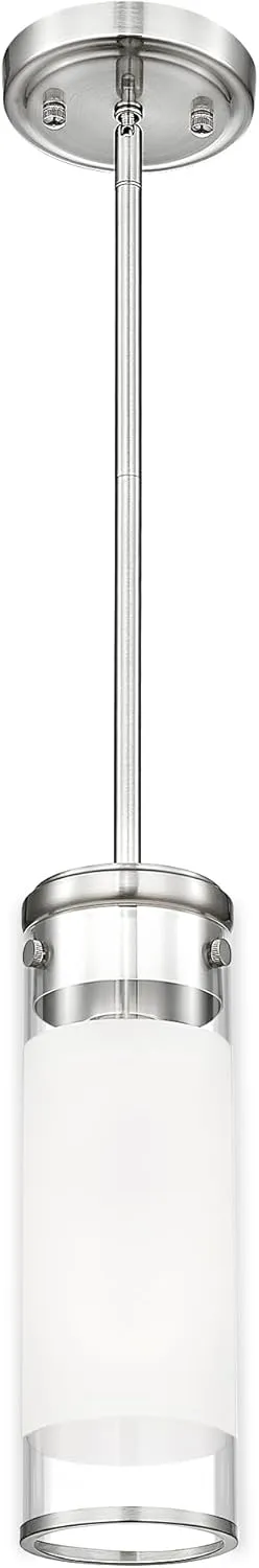 Cylindrical Glass Pendant Light Fixture, Modern Hanging Light with Brushed Nickel Finish for Kitchen Island Dining Room Bedroom Hallway Foyer (1 Pack), PL107BN
