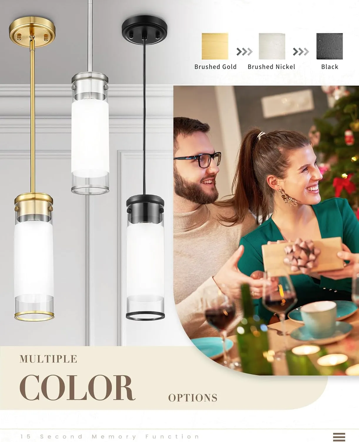 Cylindrical Glass Pendant Light Fixture, Modern Hanging Light with Brushed Nickel Finish for Kitchen Island Dining Room Bedroom Hallway Foyer (1 Pack), PL107BN