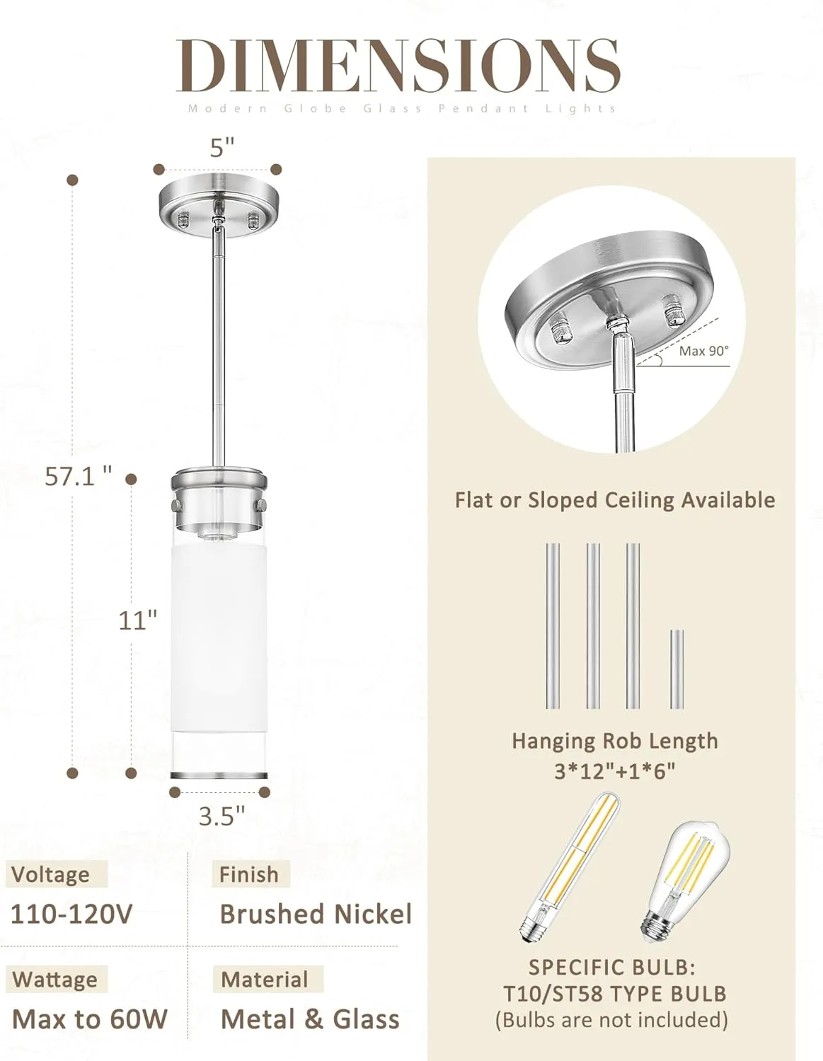 Cylindrical Glass Pendant Light Fixture, Modern Hanging Light with Brushed Nickel Finish for Kitchen Island Dining Room Bedroom Hallway Foyer (1 Pack), PL107BN