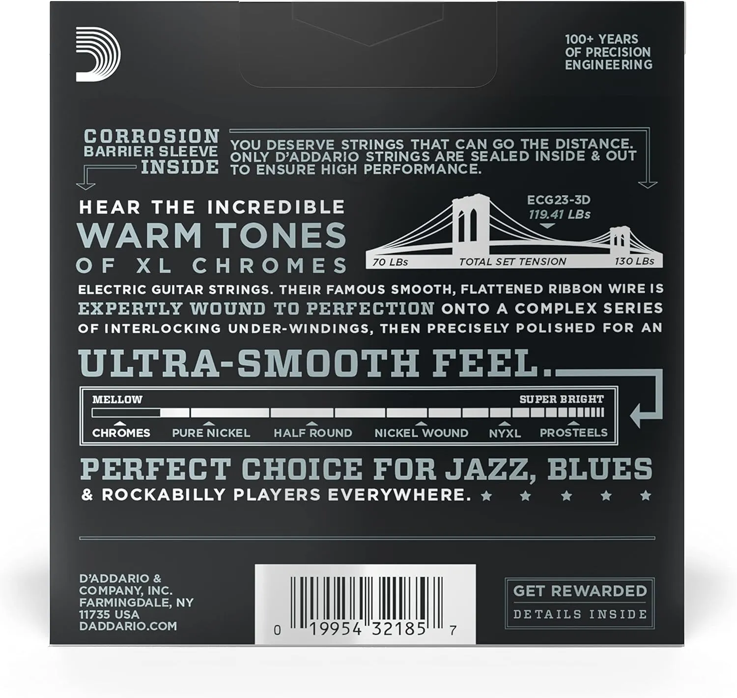 D'Addario Guitar Strings - XL Chromes Electric Guitar Strings - Flat Wound - Polished for Ultra-Smooth Feel and Warm, Mellow Tone - ECG23-3D - Extra Light, 10-48, 3-Pack
