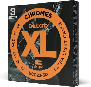 D'Addario Guitar Strings - XL Chromes Electric Guitar Strings - Flat Wound - Polished for Ultra-Smooth Feel and Warm, Mellow Tone - ECG23-3D - Extra Light, 10-48, 3-Pack