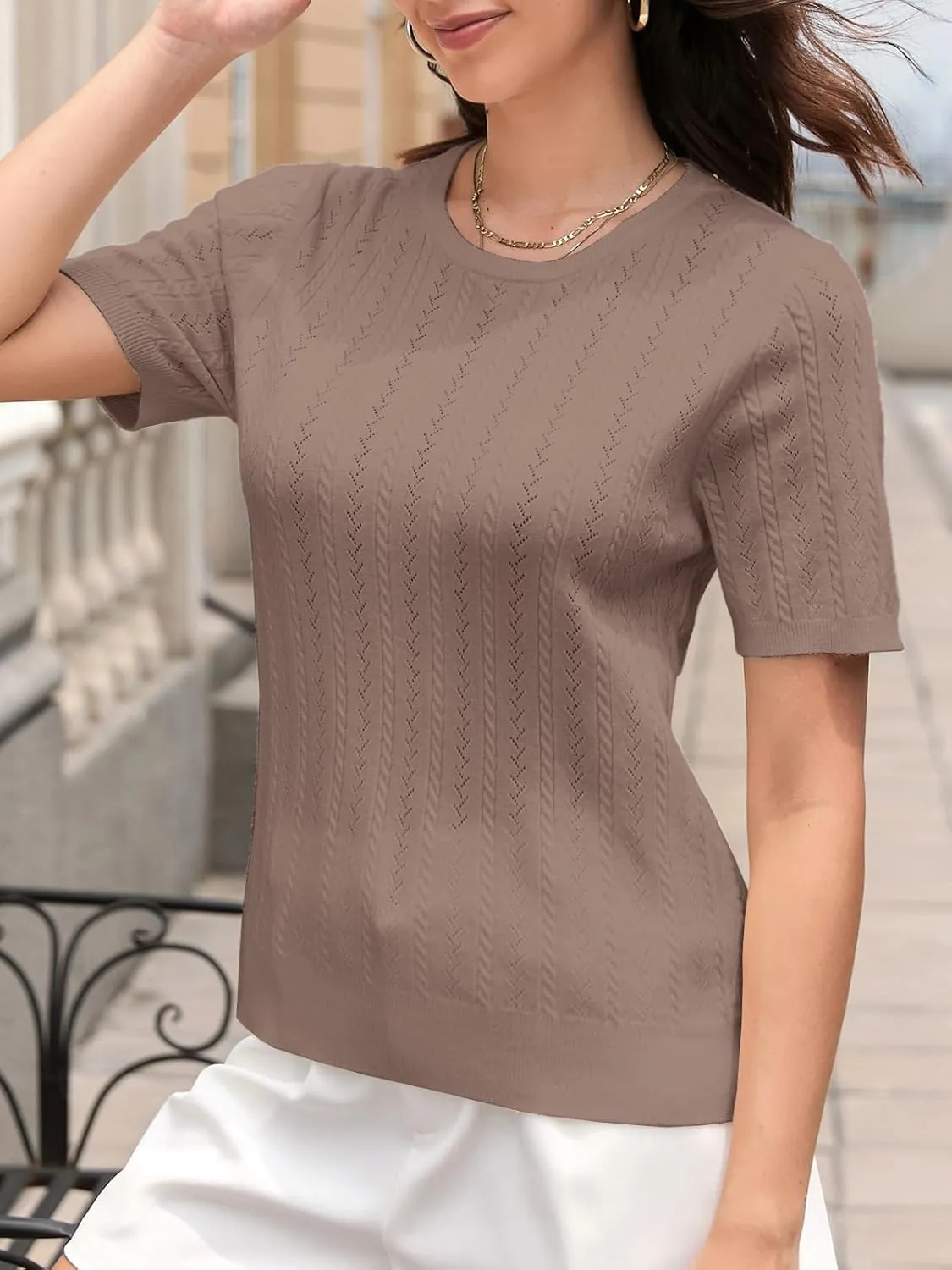DAIMIDY Women's Short Sleeve Sweaters Hollow Out Summer Sweater Lightweight Cable Knit Pullover Tops