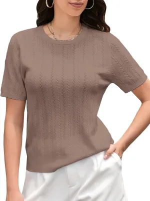 DAIMIDY Women's Short Sleeve Sweaters Hollow Out Summer Sweater Lightweight Cable Knit Pullover Tops