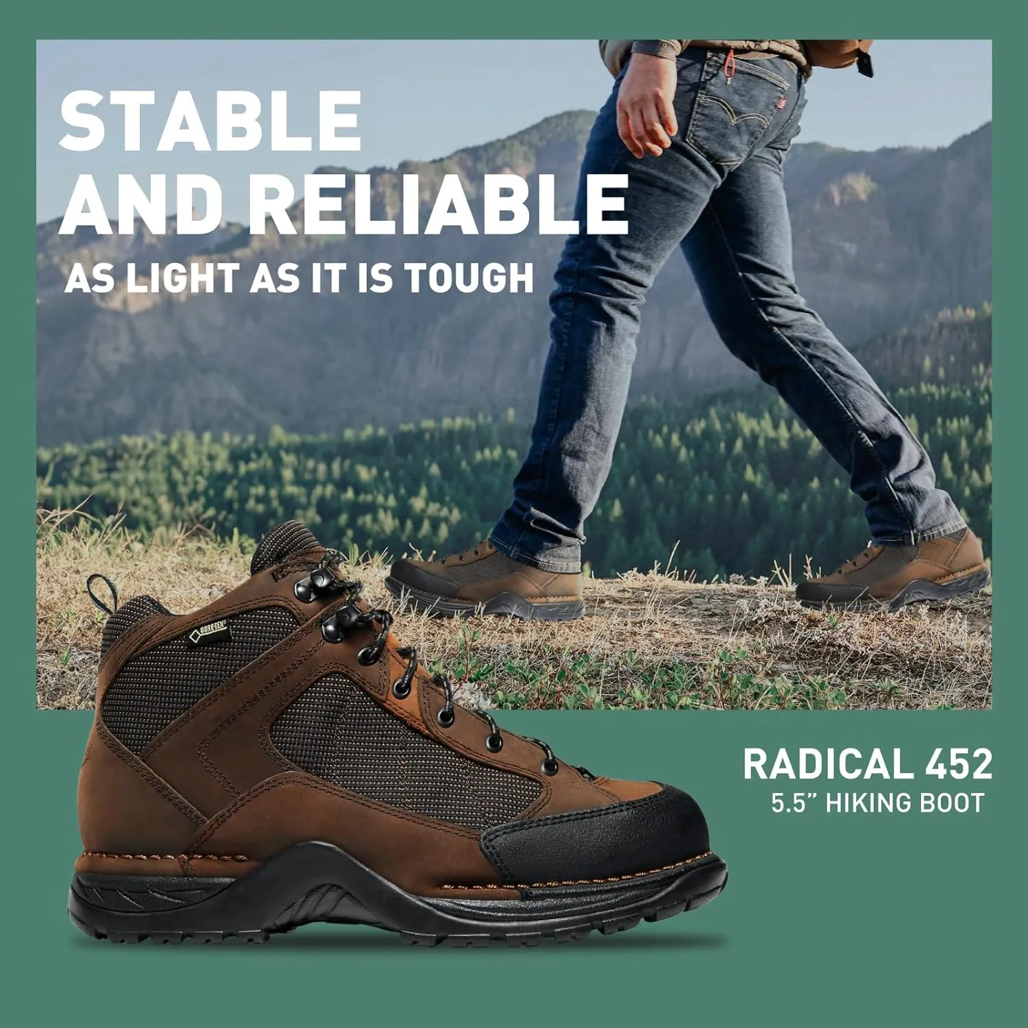 Danner Radical 452 5.5” Waterproof Hiking Boots for Men with Sanded Nubuck Leather, Scuff-Proof Toe Cap, Breathable Gore-Tex & Traction Outsole