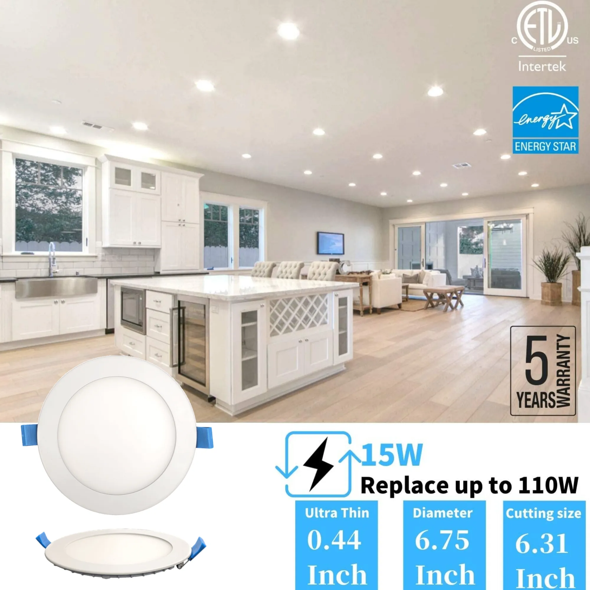 DawnRay 6" LED Round Slim Panel(Potlight) 2700K/3000K/3500K/4000K/5000K(changeable), White/Black/Brushed Nickel, 15W, 1000LM