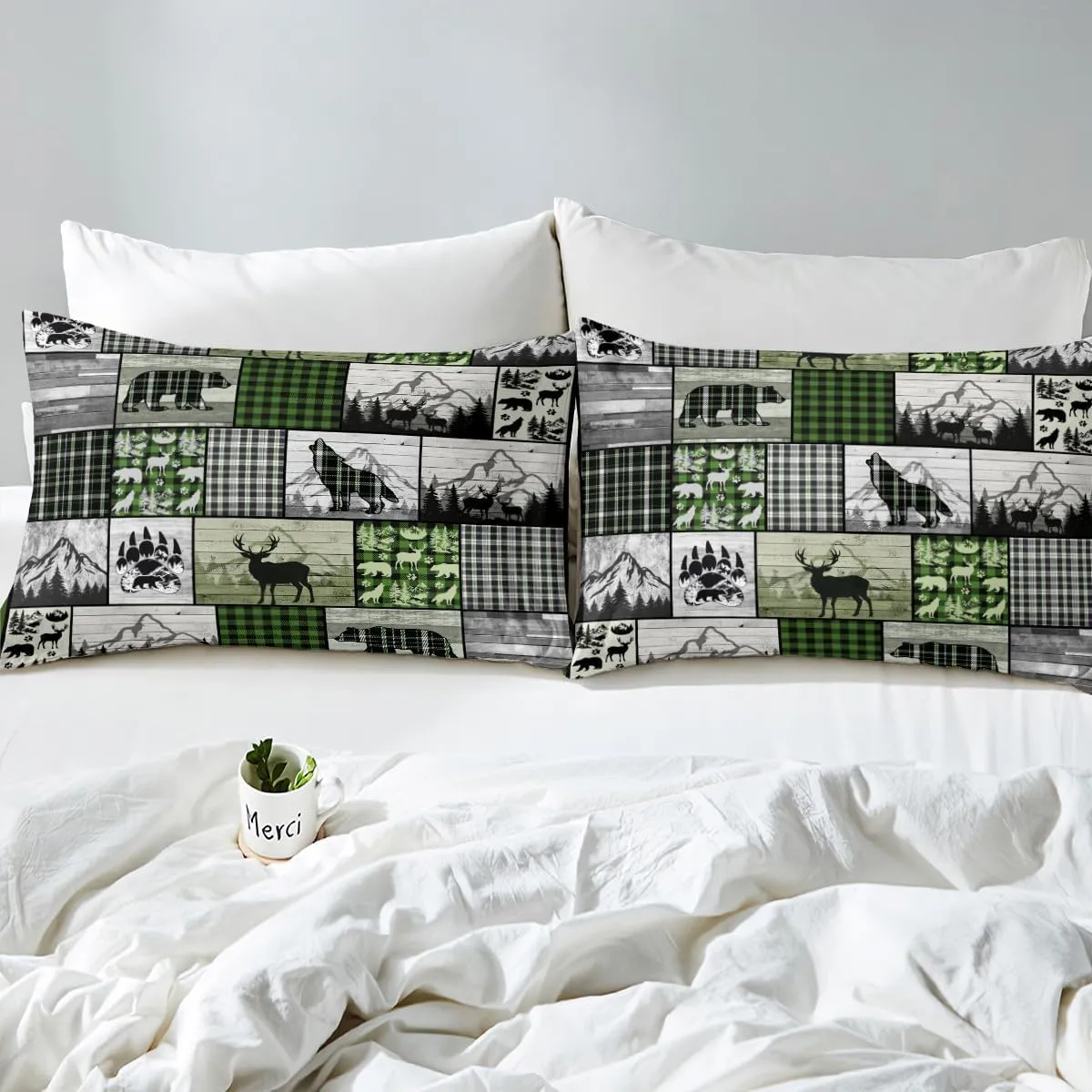 Deer Elk Bear Wolf Plaid Rustic Cabin Sheet Set With Deep Pocket Fitted Sheet - Farm Forest Camping Hunting Bedding for Kids Boys Girls - Geometric Checkered Full Size