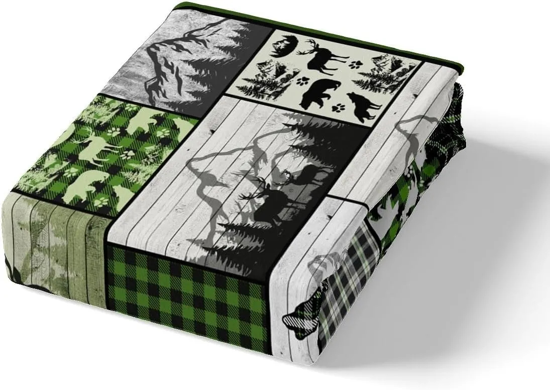Deer Elk Bear Wolf Plaid Rustic Cabin Sheet Set With Deep Pocket Fitted Sheet - Farm Forest Camping Hunting Bedding for Kids Boys Girls - Geometric Checkered Full Size