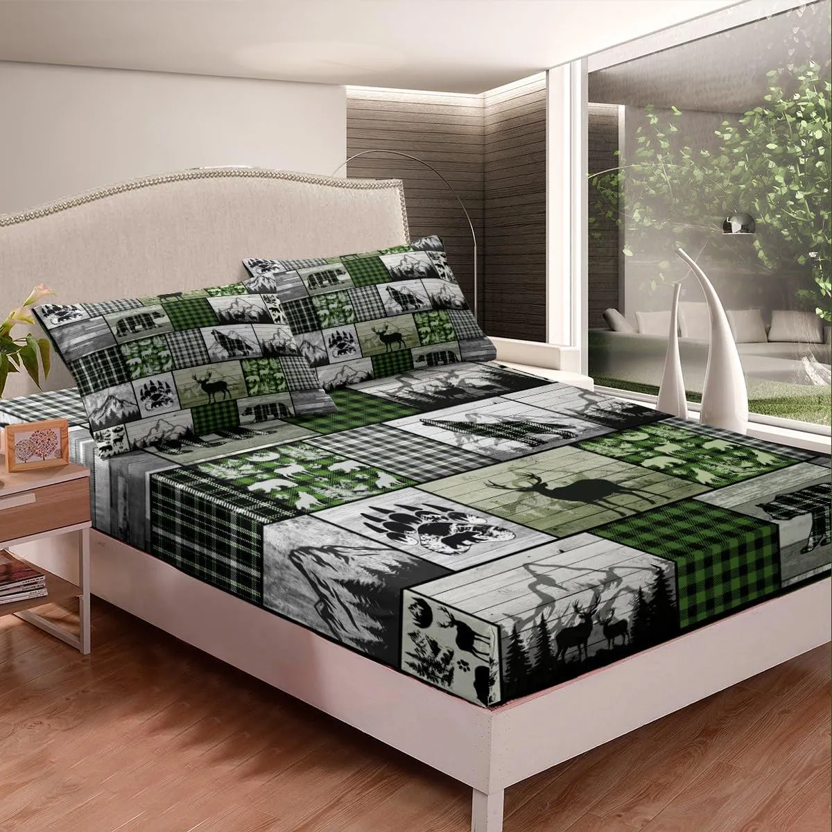 Deer Elk Bear Wolf Plaid Rustic Cabin Sheet Set With Deep Pocket Fitted Sheet - Farm Forest Camping Hunting Bedding for Kids Boys Girls - Geometric Checkered Full Size