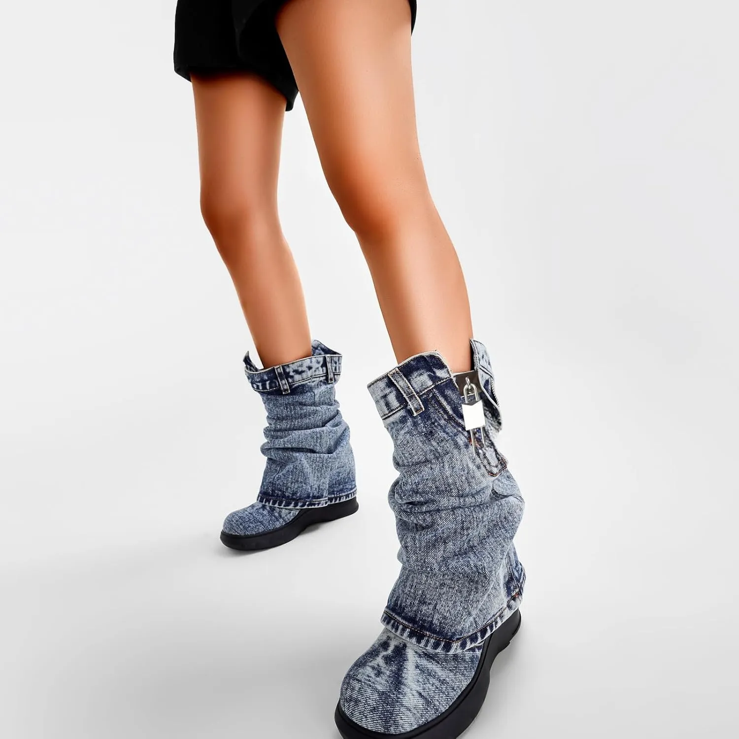 Denim Boots with Zipper Metal Lock for Women,Fashion Vintage Women's Round Toe Blue Jeans Mid Calf Chunky Platform Booties Chunky Long Boots Padlock Boots with Side Zipper Western Cowboy fold Denim Trouser Thigh High Boots