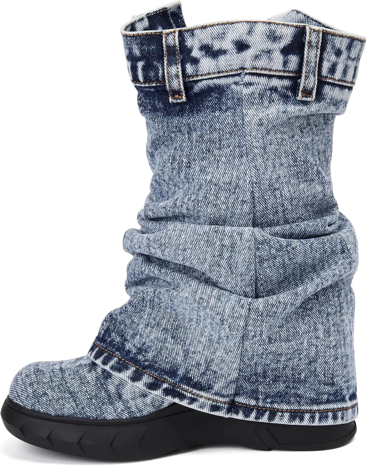 Denim Boots with Zipper Metal Lock for Women,Fashion Vintage Women's Round Toe Blue Jeans Mid Calf Chunky Platform Booties Chunky Long Boots Padlock Boots with Side Zipper Western Cowboy fold Denim Trouser Thigh High Boots