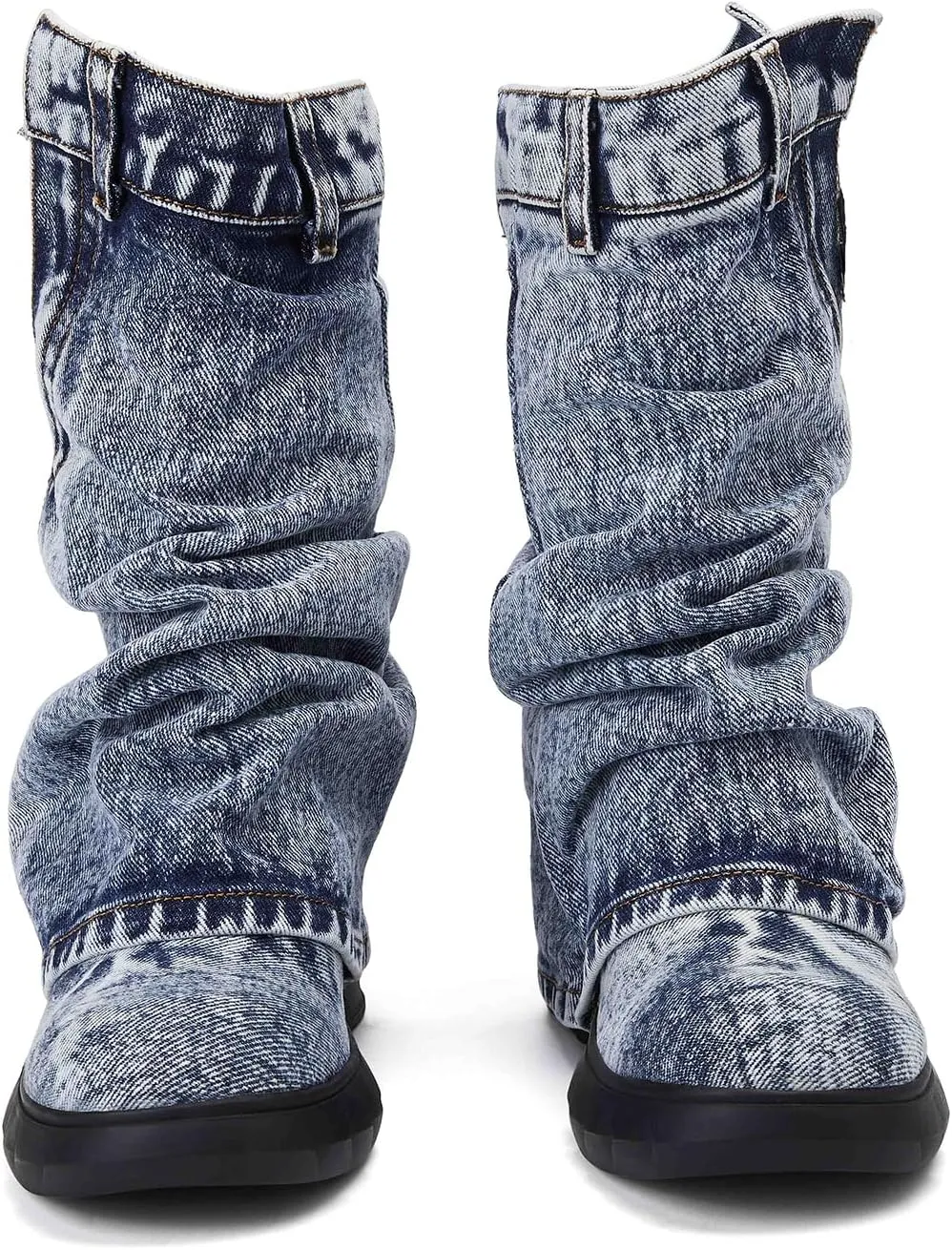 Denim Boots with Zipper Metal Lock for Women,Fashion Vintage Women's Round Toe Blue Jeans Mid Calf Chunky Platform Booties Chunky Long Boots Padlock Boots with Side Zipper Western Cowboy fold Denim Trouser Thigh High Boots