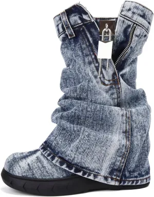 Denim Boots with Zipper Metal Lock for Women,Fashion Vintage Women's Round Toe Blue Jeans Mid Calf Chunky Platform Booties Chunky Long Boots Padlock Boots with Side Zipper Western Cowboy fold Denim Trouser Thigh High Boots