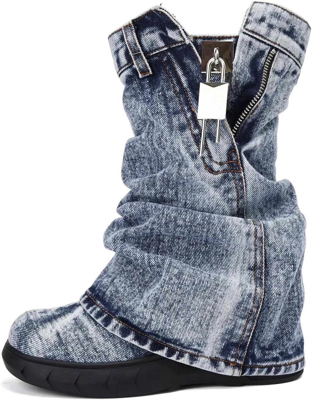 Denim Boots with Zipper Metal Lock for Women,Fashion Vintage Women's Round Toe Blue Jeans Mid Calf Chunky Platform Booties Chunky Long Boots Padlock Boots with Side Zipper Western Cowboy fold Denim Trouser Thigh High Boots