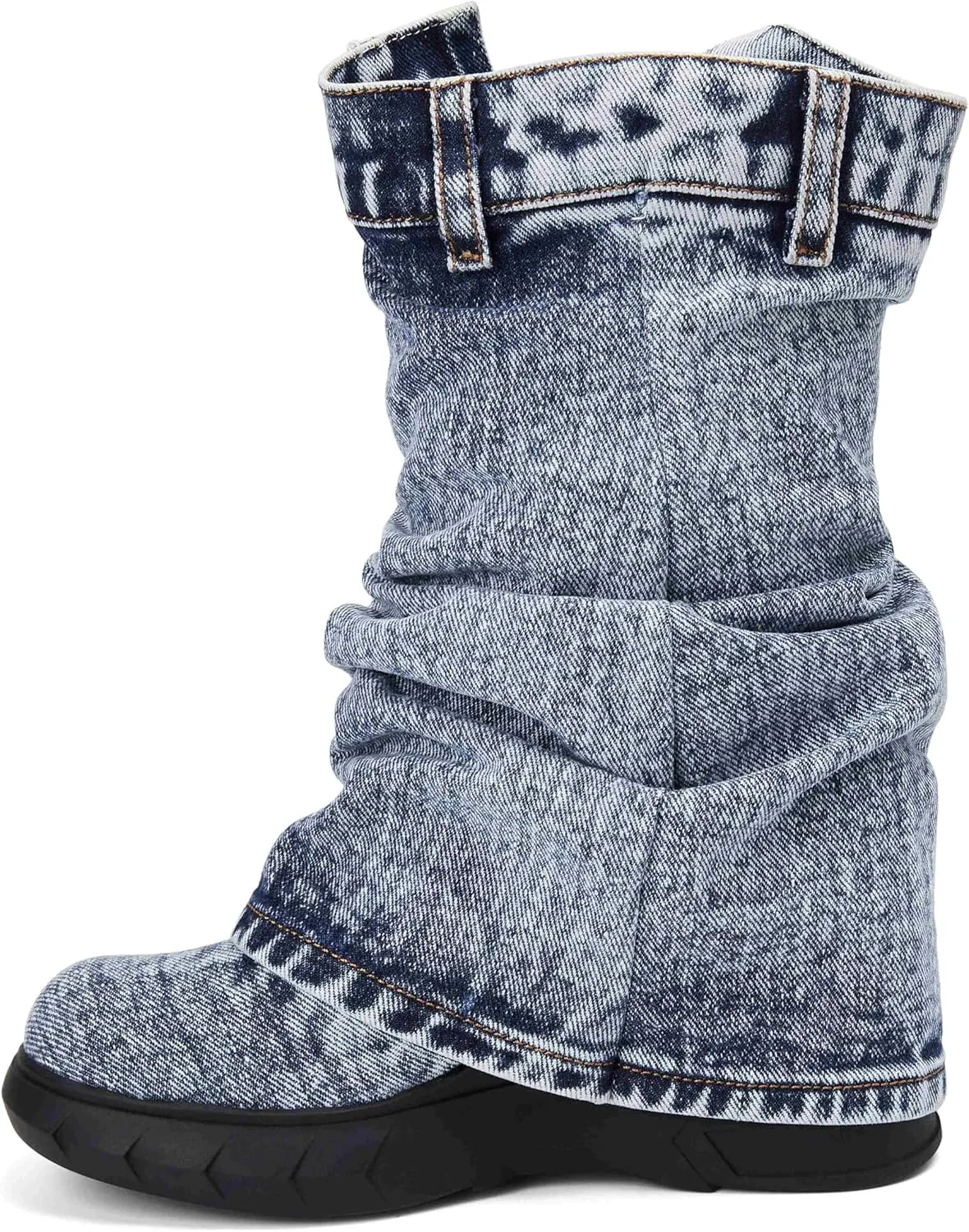 Denim Boots with Zipper Metal Lock for Women,Fashion Vintage Women's Round Toe Blue Jeans Mid Calf Chunky Platform Booties Chunky Long Boots Padlock Boots with Side Zipper Western Cowboy fold Denim Trouser Thigh High Boots