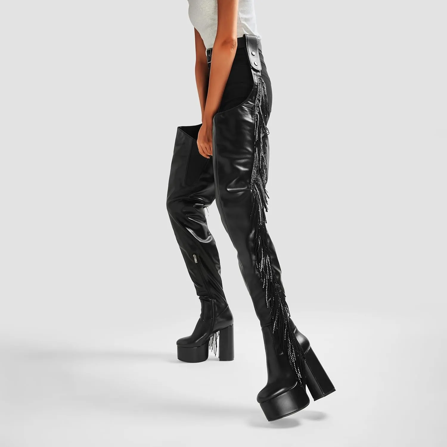 DETOGNI Women's Belted Over The Knee Platform Long Boots Fringes Silver Shine Studs Block Heels Thigh High Boots
