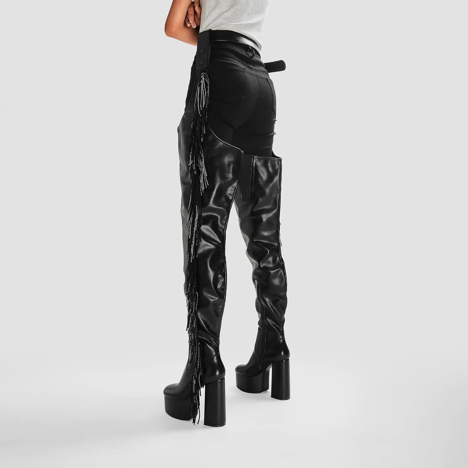 DETOGNI Women's Belted Over The Knee Platform Long Boots Fringes Silver Shine Studs Block Heels Thigh High Boots