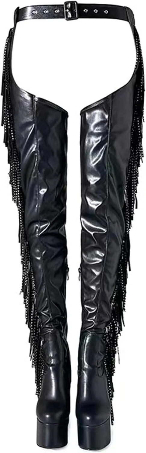 DETOGNI Women's Belted Over The Knee Platform Long Boots Fringes Silver Shine Studs Block Heels Thigh High Boots