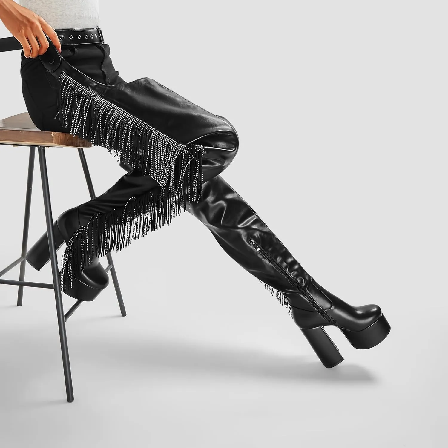 DETOGNI Women's Belted Over The Knee Platform Long Boots Fringes Silver Shine Studs Block Heels Thigh High Boots