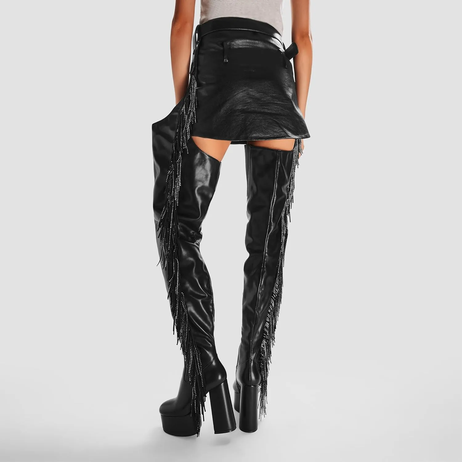 DETOGNI Women's Belted Over The Knee Platform Long Boots Fringes Silver Shine Studs Block Heels Thigh High Boots