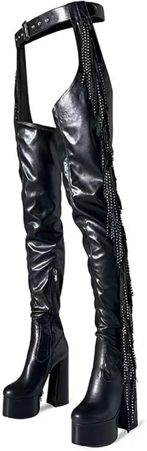 DETOGNI Women's Belted Over The Knee Platform Long Boots Fringes Silver Shine Studs Block Heels Thigh High Boots