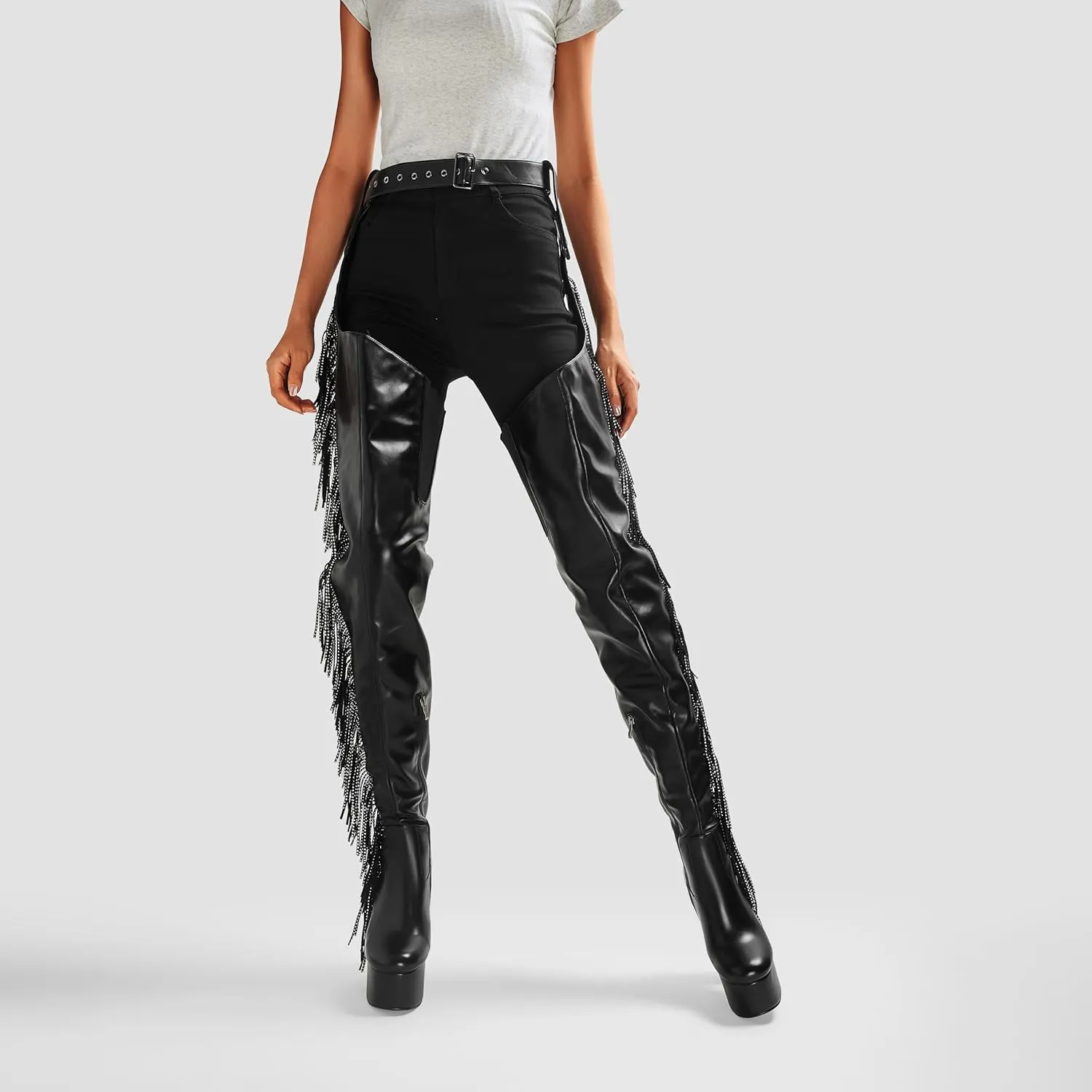 DETOGNI Women's Belted Over The Knee Platform Long Boots Fringes Silver Shine Studs Block Heels Thigh High Boots