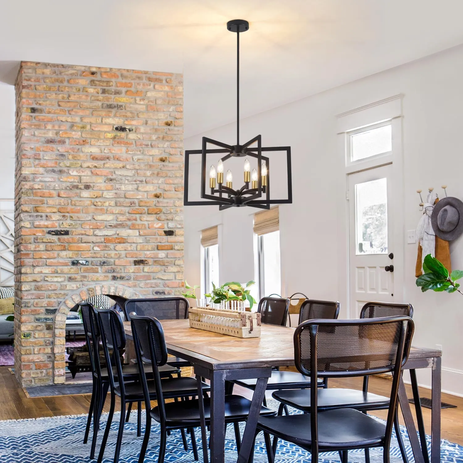 Dining Room Light Fixture,Farmhouse Geometric Chandeliers Black and Gold Kitchen Island Light,6-Light Modern Industrial Chandelier for Foyer Entryway Stairway,UL-Listed