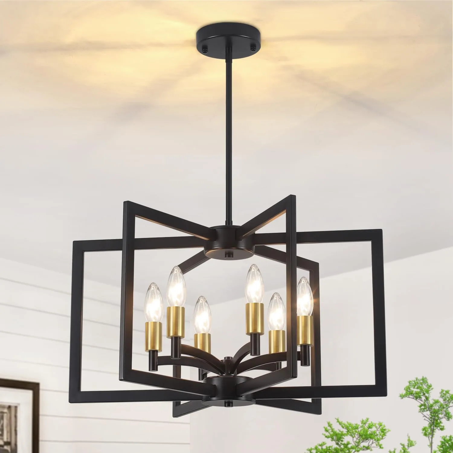 Dining Room Light Fixture,Farmhouse Geometric Chandeliers Black and Gold Kitchen Island Light,6-Light Modern Industrial Chandelier for Foyer Entryway Stairway,UL-Listed