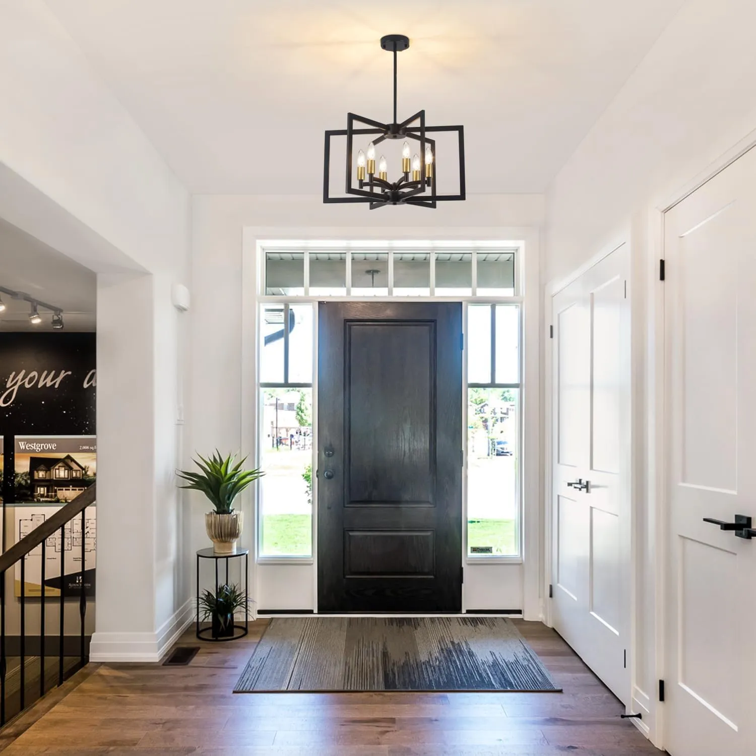 Dining Room Light Fixture,Farmhouse Geometric Chandeliers Black and Gold Kitchen Island Light,6-Light Modern Industrial Chandelier for Foyer Entryway Stairway,UL-Listed
