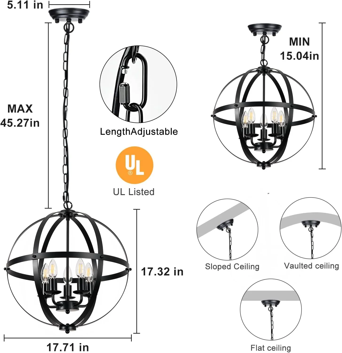 DLLT Pendant Light Metal, 5-Light Globe Pendant Lighting, Adjustable Hanging Ceiling Chandelier Light Flush Mount for Kitchen, Dining Room, Living Room, Hallway, Bedroom, Entryway, E12-Matte Black