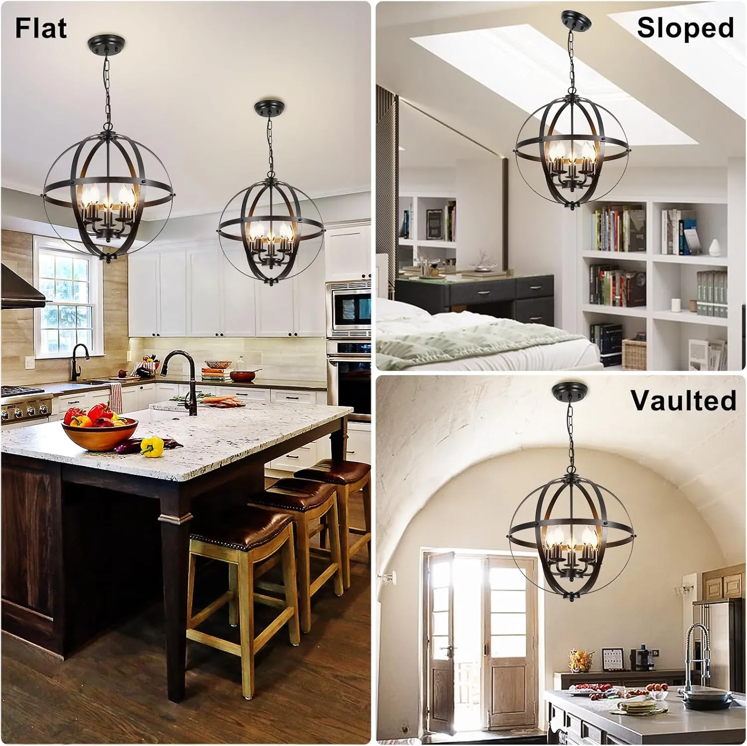 DLLT Pendant Light Metal, 5-Light Globe Pendant Lighting, Adjustable Hanging Ceiling Chandelier Light Flush Mount for Kitchen, Dining Room, Living Room, Hallway, Bedroom, Entryway, E12-Matte Black